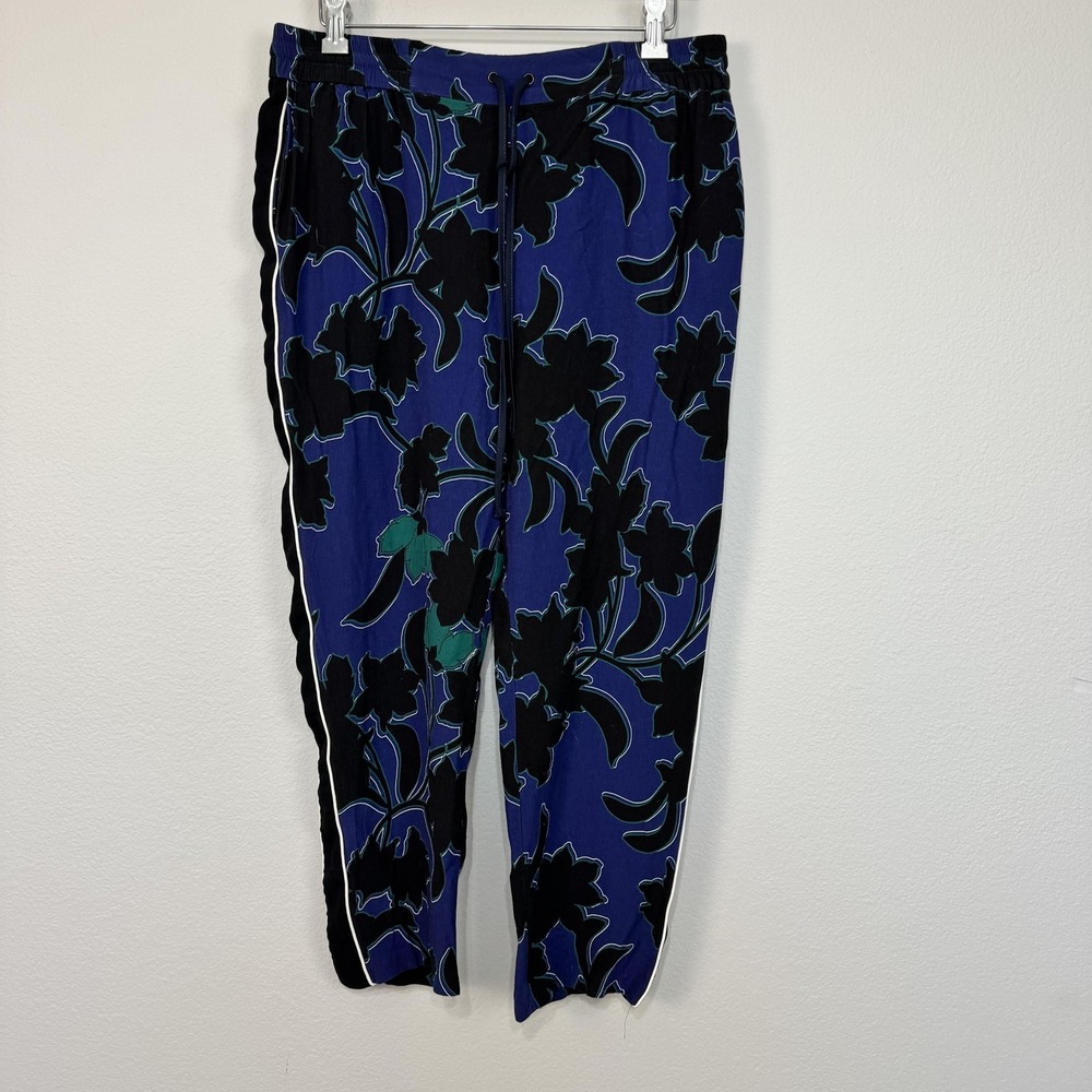 Parker‎ Pants Women's 10 Blue Floral Track Elastic Waist Drawstring Tapered